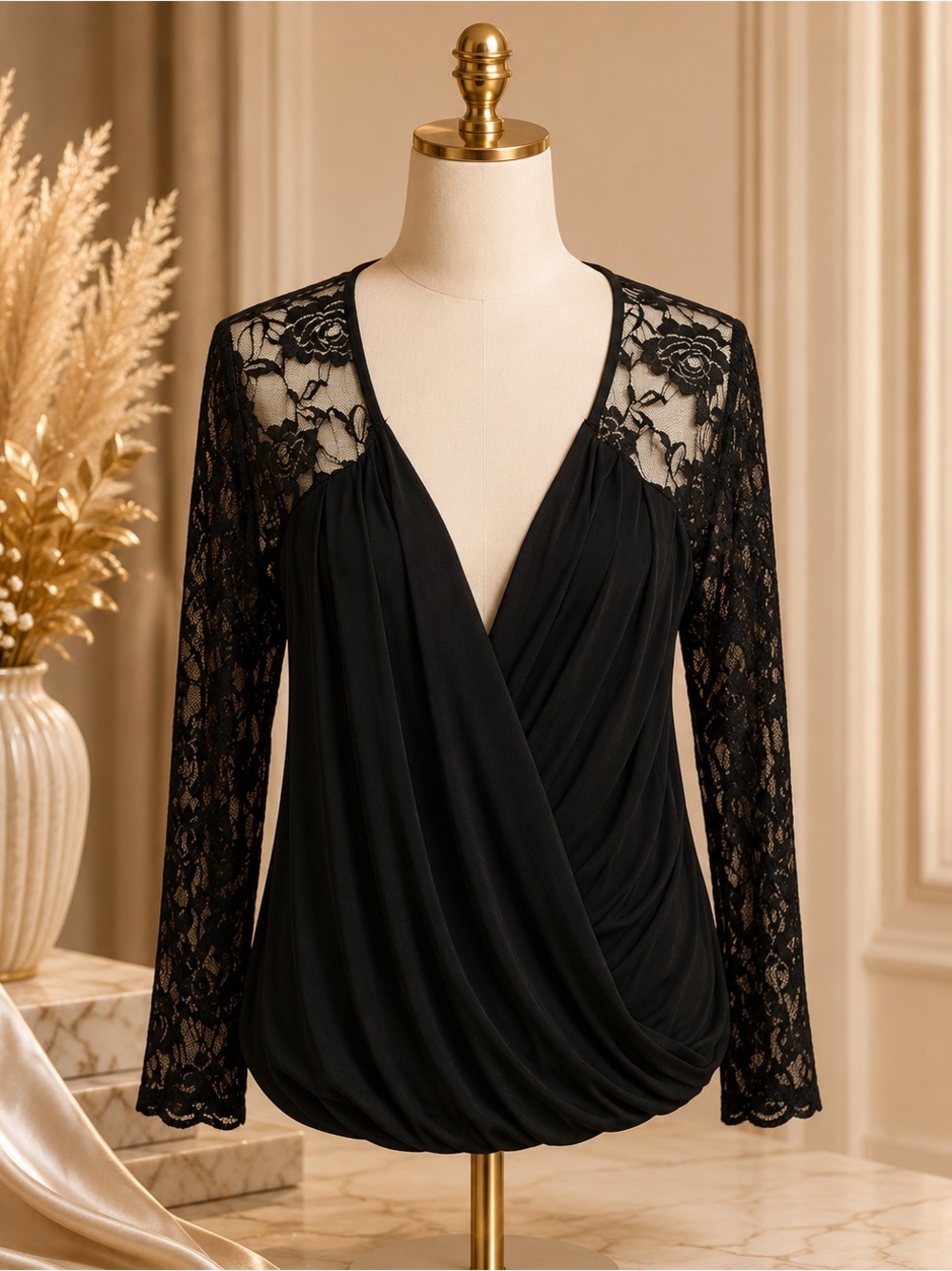 Purple Snow Black Lace Surplice Blouse